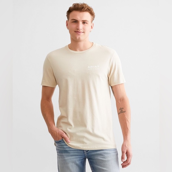 Ariat Western Short Sleeve T-Shirt Tee Small tan beige America casual cotton - Picture 2 of 11